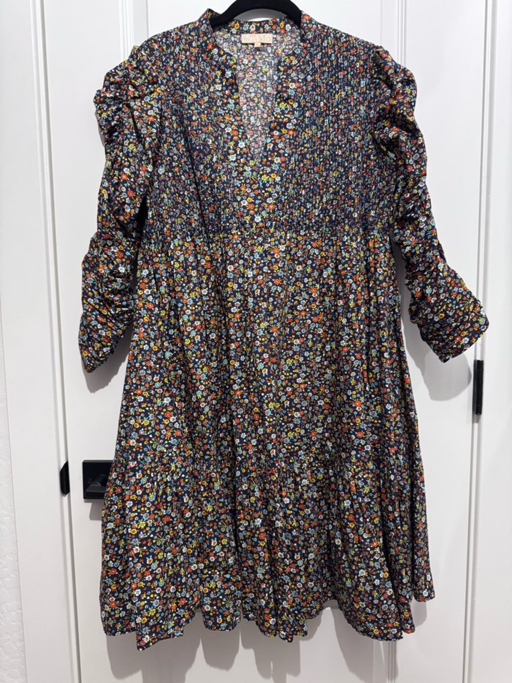 Floral Tiered Long-Sleeve Dress in Black